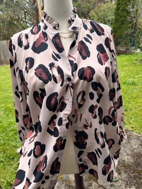 Eloquii Blush Leopard Print Ruffle-Neck Button Blouse